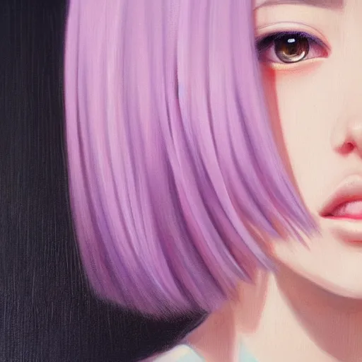 Prompt: Portret of Nakamura Aya, lilac eyes, straight hair cut in a bob, japanese school uniform, front closeup, highly detailed, centered, oil painting, artstation, anime painting by WLOP