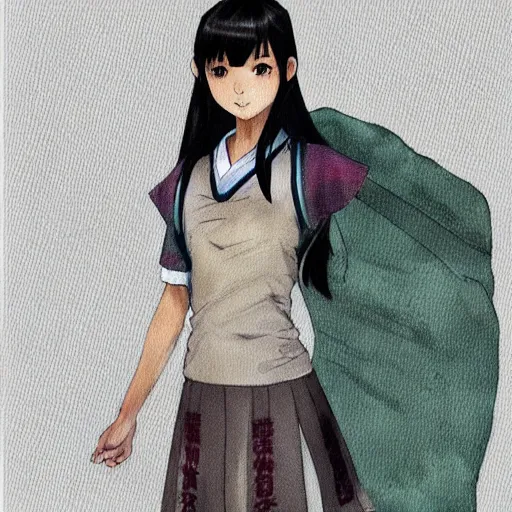 Image similar to a perfect, realistic professional digital sketch of a Japanese schoolgirl in style of Marvel, full length, by pen and watercolor, by a professional Chinese Korean artist on ArtStation, on high-quality paper