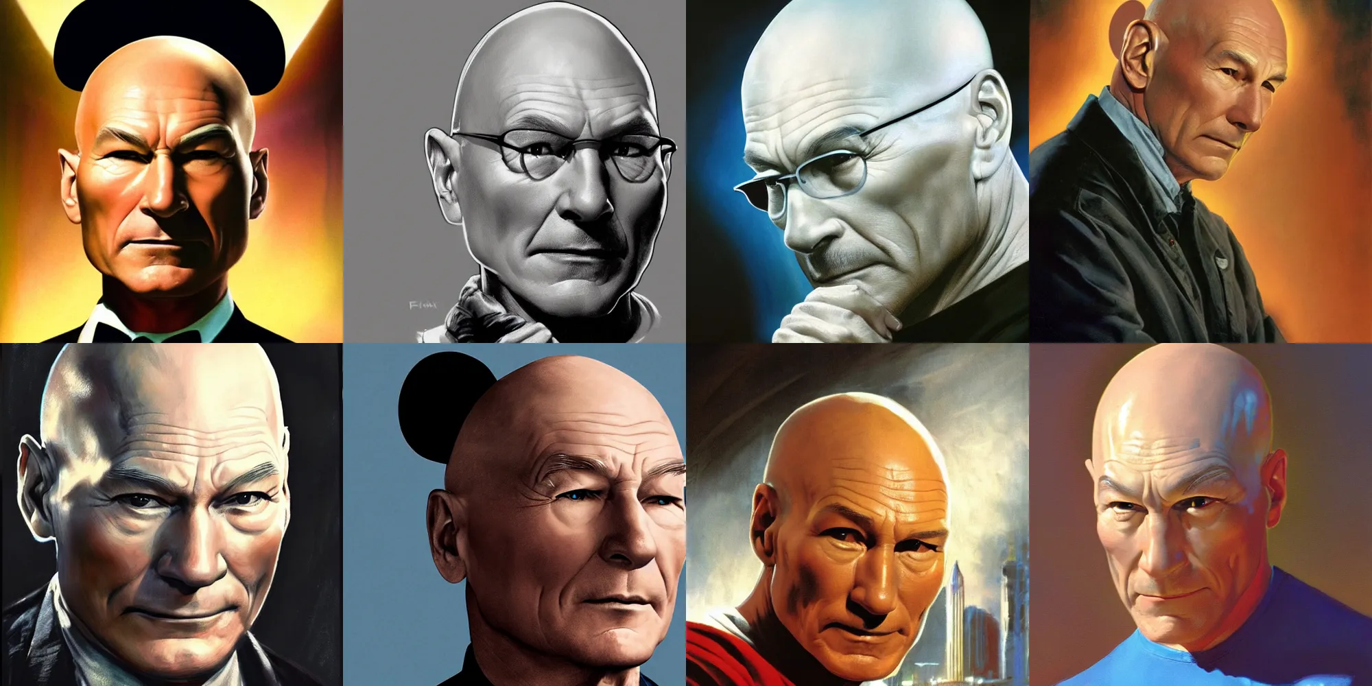 Prompt: ultra realistic medium close up painting of patrick stewart as professor x, putting on mickey mouse ears hat styled cerebro, art by frank frazetta, 4 k, ultra realistic, highly detailed, epic lighting.