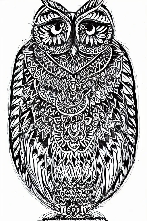 Image similar to symmetric owl mandala ink drawing