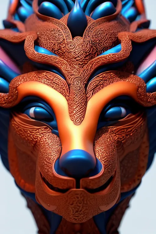 Image similar to 3 d goddess close - up profile portrait. beautiful intricate highly detailed korean fox mask and traditional korean hanbok. stingray, magpie, bio luminescent, plasma, lava, ice, water, wind, creature, artwork by tooth wu and wlop and beeple and greg rutkowski, octane 3 d render