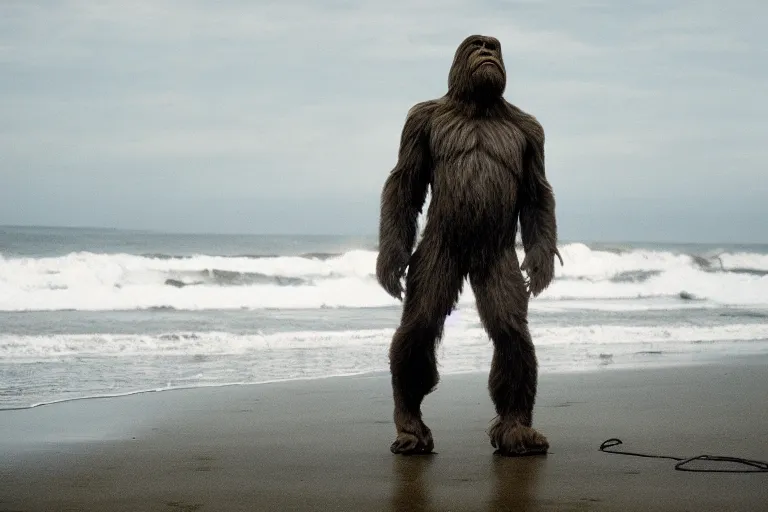 Image similar to cinematography portrait of Bigfoot on the beach in Santa Monica by Emmanuel Lubezki