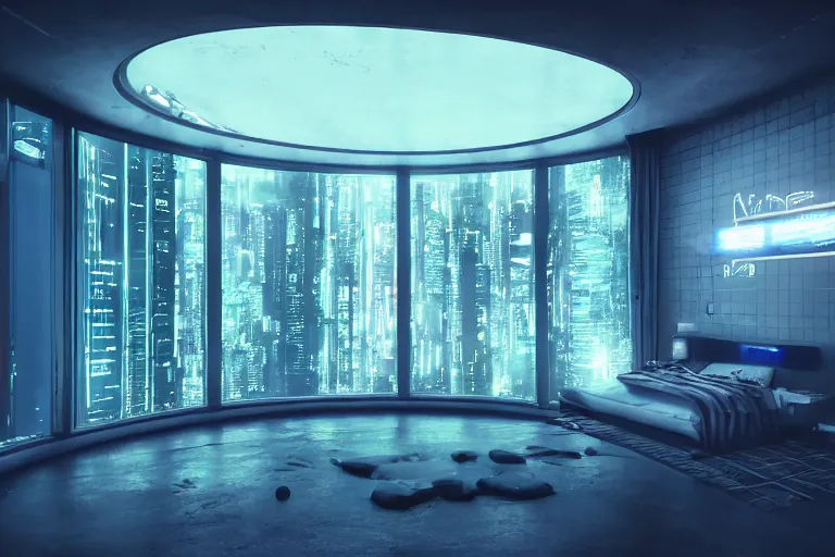 Image similar to a futuristic bedroom with large curved ceiling high windows looking out to a far future cyberpunk cityscape, cyberpunk neon lights, raining, scifi