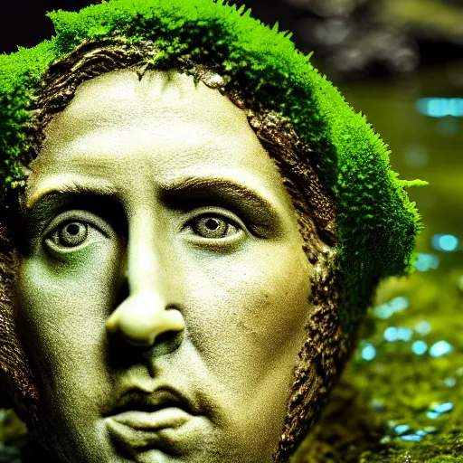 Prompt: Nicolas Cage underwater mossy old statue, photo, dark, kelp and moss all over, bottom of ocean, deep ocean, bottom of ocean, dark, 35mm, fish, underwater landscape, 4k, detailed, photorealistic, photo, Atlantis, underwater camera