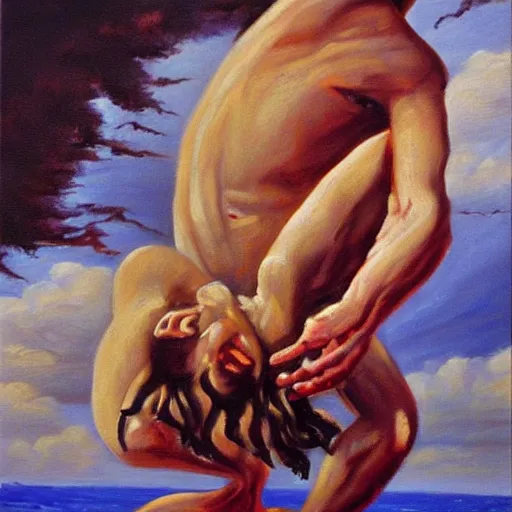 Image similar to Man falling from heaven. Oil painting.