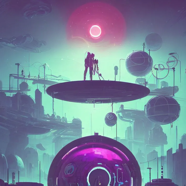 Image similar to a circle portal structure floating in space, cyberpunk, epic surrealism, indigo, purple, cyan, detailed digital matte painting in the style of simon stalenhag and painting by ralph mcquarrie