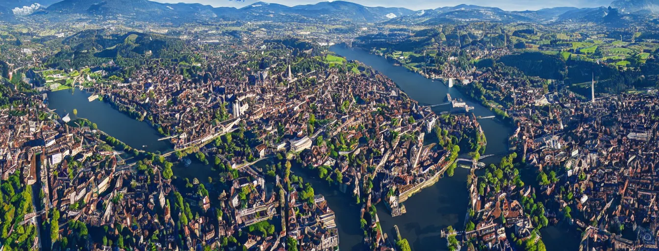 Image similar to Photo of Zurich, looking down the river at the lake and the alps, Hardturm, Grossmünster, wide angle, volumetric light, hyperdetailed, mountain water, artstation, cgsociety, 8k