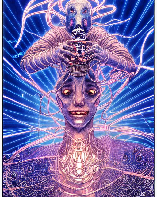Prompt: hyper detailed illustration of a blue ghost djinn with microphone, intricate linework, lighting poster by moebius, ayami kojima, 9 0's anime, retro fantasy