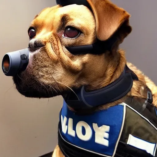 Image similar to a cute dog playing valorant, the dog is wearing a headset, dog is facing the monitor, we can see a man holding a gun in valorant on the screen