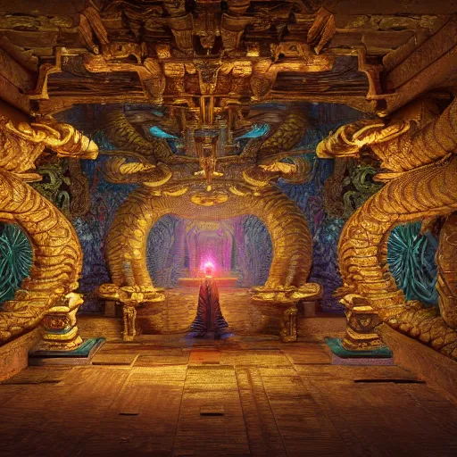 Prompt: Photorealistic inside a temple made of snakes. Hyperdetailed photorealism, 108 megapixels, amazing depth, glowing rich colors, powerful imagery, psychedelic Overtones, 4D, 3D Shading, 3D cinematic lighting, finalrender, artstation concept art