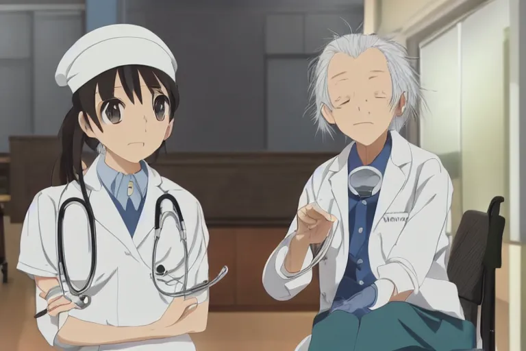 Image similar to a cute young female doctor wearing white coat, an old man of 80 years in a wheelchair, hospital ward, slice of life anime, cinematic, realistic, anime scenery by Naoshi Arakawa:8 and Makoto shinkai