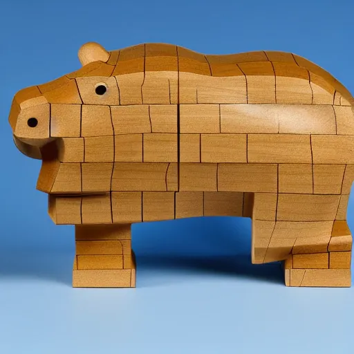 Image similar to a beautiful!!!!! minimalist curvy shaped small sculpture of hippopotamus!!!, ( ( wood ) ) and ( ( blue epoxy ) ), cubic blocks mix stripes cuts, side view profile centered