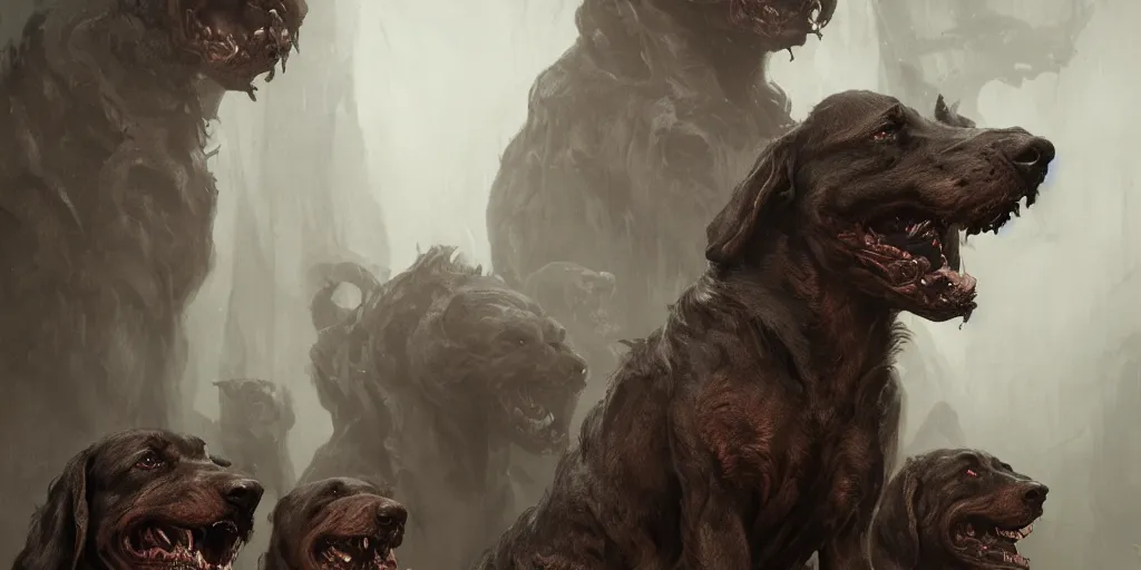 Prompt: cerberus the three headed hound at the gates of hell, greg rutkowski, 8 k, shallow depth of field, moody lighting, ultra high detail, concept art,