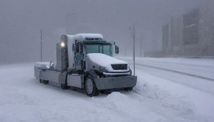 Image similar to Heavy Snow falls on a Snowplow parked in a winter landscape, a blizzard and thick snow, mist and fog, concept art, highly detailed