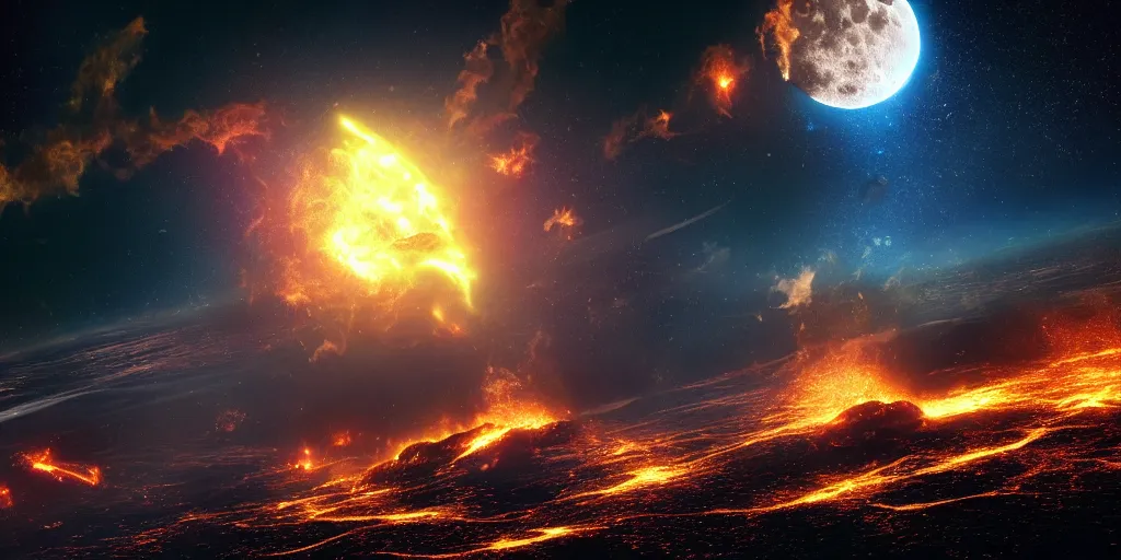 Image similar to The planet earth on fire and the moon exploding in the spacial background while the universe is pitch black , realistic 4k octane beautifully detailed render, 4k post-processing, highly detailed, intricate complexity, epic composition, magical atmosphere, cinematic lighting, masterpiece, ultra hd