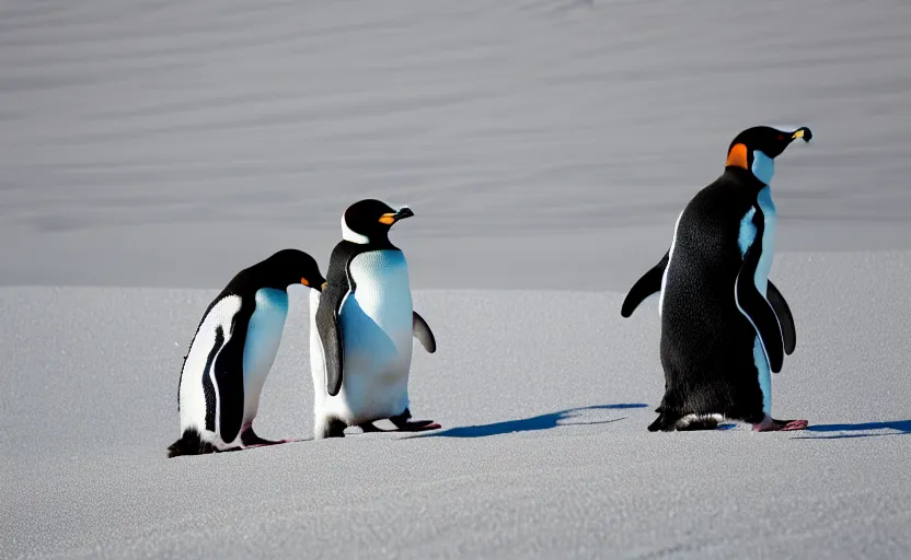 Image similar to confused penguins in sand dunes, photography