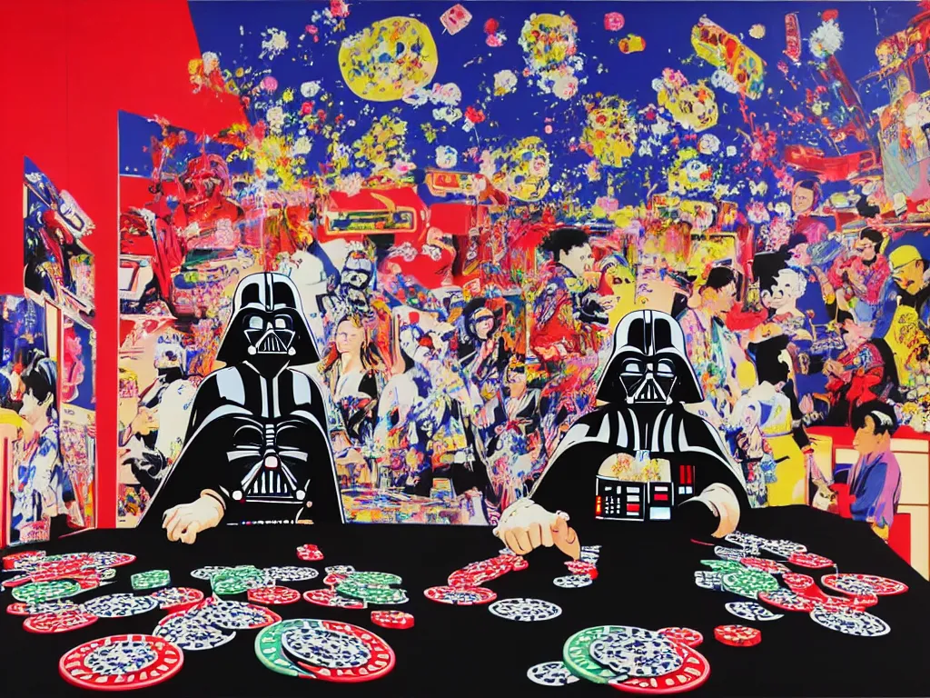 Image similar to hyper - realistic composition of a large room with an extremely detailed poker table in the center, woman in traditional japanese kimono standing nearby, darth vader sitting at the table, fireworks in the background, pop art style, jackie tsai style, andy warhol style, acrylic on canvas, dull palette