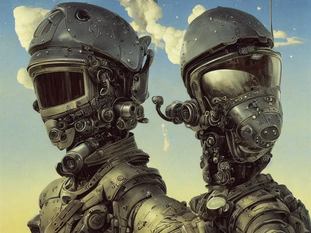 Image similar to a detailed portrait painting of a bounty hunter pilot in combat armour and visor. Smoke. cinematic sci-fi poster. Flight suit, accurate anatomy portrait symmetrical and science fiction theme with lightning, aurora lighting clouds and stars. Futurism by beksinski carl spitzweg moebius and tuomas korpi. baroque elements. baroque element. intricate artwork by caravaggio. Oil painting. Trending on artstation. 8k