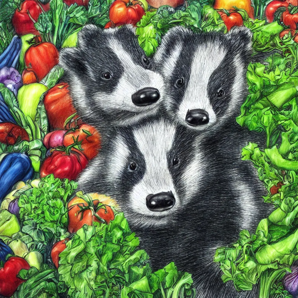 Prompt: realistic detailed drawing of a cartoon badger proudly holding up hydroponic vegetables by Chris Spollen, trending on Artstation, rich deep vibrant colors