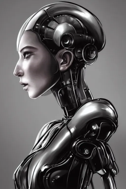 Image similar to a beautiful image of a futuristic female android with a mechanical mecha body and a beautiful female human face, body mostly black metal with internal lights glowing inside, symmetrical and realistic proportions by Irakli Nadar, tom bagshaw, Charlie Bowater with details by Jason Felix, furio tedeschi, face by ilya kuvshinov, artgerm, cinematic backlit lighting, detailed, intricate, beauty retouch, elite, photo realistic, octane render, hyper real, ultra detailed, trending on artstation pinterest and deviantart