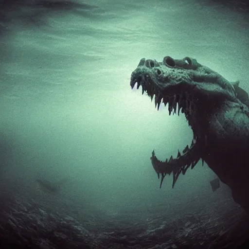 Prompt: sea monster about to eat pov underwater, creeping forward, showing anger, pale skin, dark foggy water, dramatic,'silent hill ', big eyes, terrifying, horrific, non - human, euclid, cinematic
