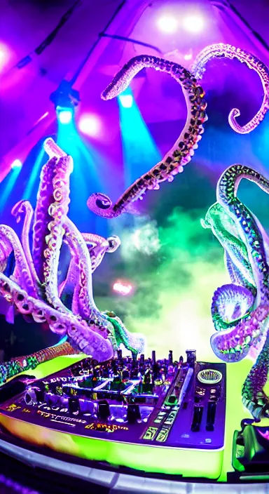 Image similar to award winning photo of an octopus! as a dj with tentacles! simultaneously placed turntables cdjs and knobs of a pioneer dj mixer. sharp, blue and fuschia colorful lighting, in front of a large crowd, studio, medium format, 8 k detail, volumetric lighting, wide angle, at an outdoor psytrance festival main stage at night