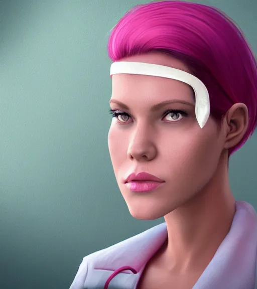 Prompt: portrait of pink haired woman in nurse uniform wearing an eyepatch, trending on artstation