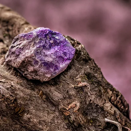 Prompt: ultra realistic close - up on a dried branch with little purple rock in a desert forest blur purple fog
