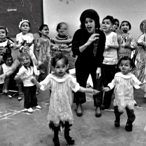 Prompt: an alien leads a round dance with children in a kindergarten of the soviet union, top secret style, old photo, 7 0 s