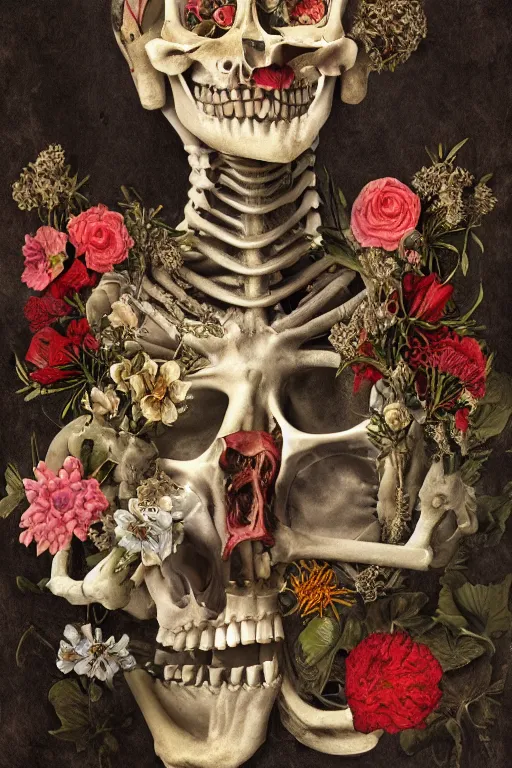 Prompt: anatomical man with large eyes and lips laying in bed of bones of flowers, with an existential dread of love, HD Mixed media, highly detailed and intricate, surreal illustration in the style of Caravaggio, baroque dark art