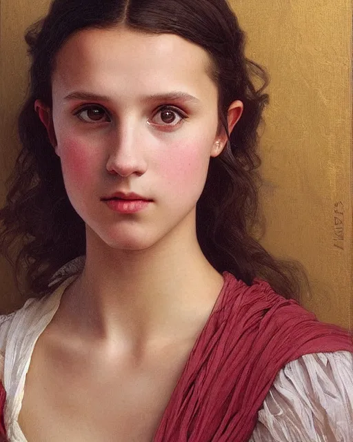 Image similar to a portrait painting of a shy, blushing 1 6 - year old alicia vikander or millie bobby brown, backlit, wearing a greek dress, elegant, highly detailed, artstation, concept art, by krenz cushart and donato giancola and william adolph bouguereau and alphonse mucha