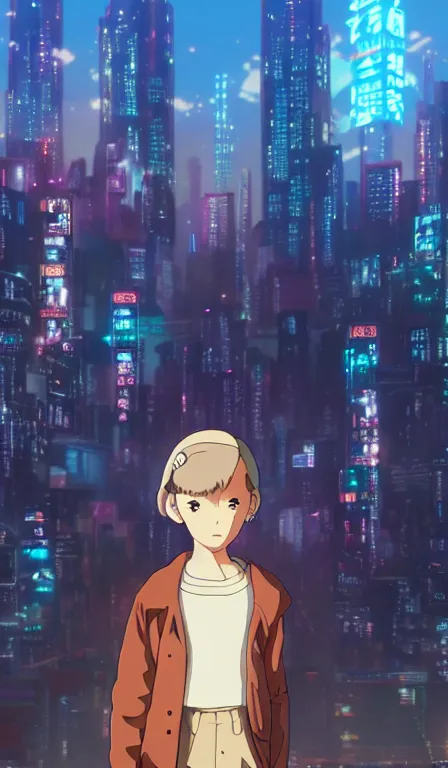 Image similar to anime fine details portrait of Eleven in front of cyberpunk moder city landscape on the background deep bokeh, close-up view, anime masterpiece by Studio Ghibli. 8k, sharp high quality anime, artstation