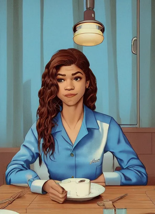 Prompt: Portrait of Zendaya wearing light blue color diner waitress dress, she is a high school student working in the RR diner from Twin Peaks by Michael Whelan, Bob Larkin and Tomer Hanuka, simple illustration, domestic, nostalgic, clean, full of details, by Makoto Shinkai and thomas kinkade, Matte painting, trending on artstation and unreal engine, New Yorker magazine cover