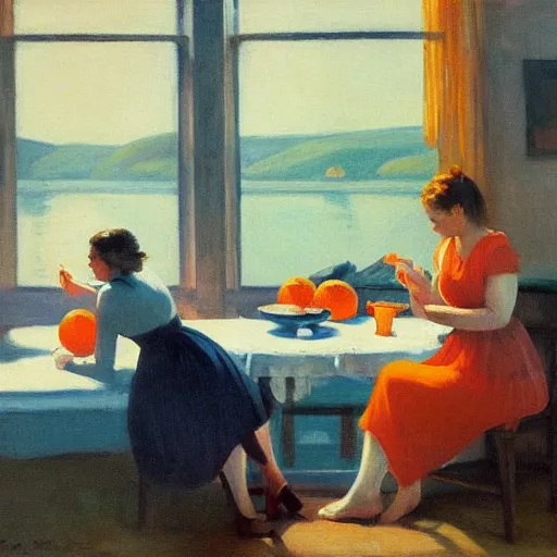 Prompt: oil painting of young lovers in shabby room by the river, with teapot and cups and bowl of oranges on table, and view through window of ship on river, by edward hopper, by frank mccarthy