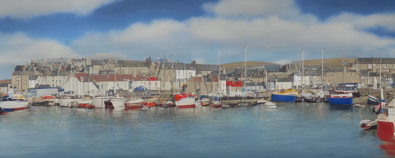 Prompt: a painting of the harbour at Stromness orkney, Airbrush, hyperrealism