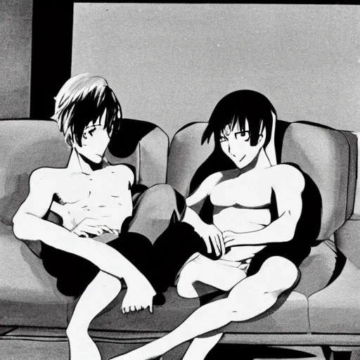 Prompt: Ascanio Adriani and Harrison Schmidt, anime, watching tv, 1965