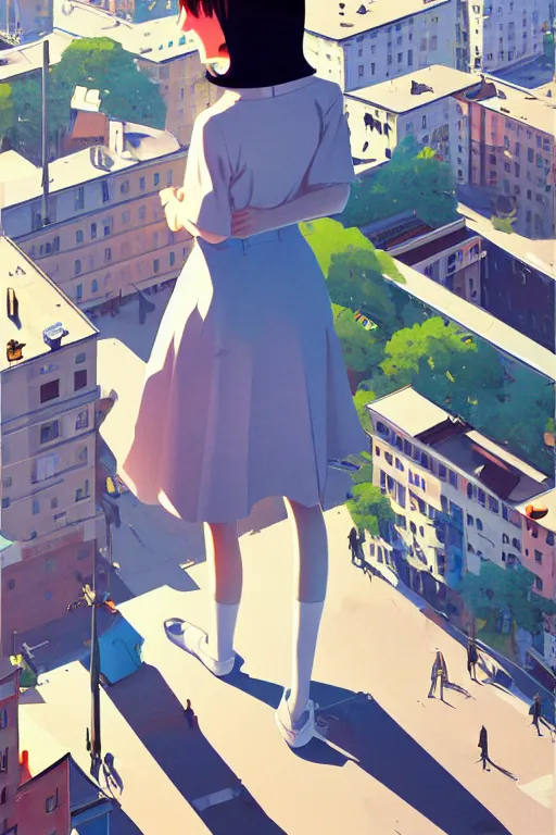 Image similar to a cute giantess wearing school uniform standing in the city which seem small, bird's eye view, strong brush stroke, sharp focus, illustration, morandi color scheme, art station, by ilya kuvshinov