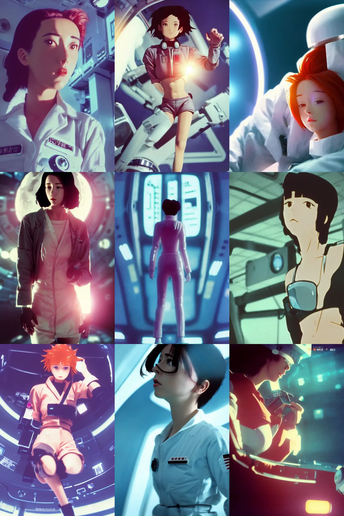 Prompt: Cinestill 50d, 8K, 35mm,J.J Abrams flare; beautiful ultra realistic vaporwave minimalistic pointé posed seinen manga Kemonozume pilot in space(1950) film still medical lab scene, 2000s frontiers in blade runner retrofuturism fashion magazine September hyperrealism holly herndon edition, highly detailed, extreme closeup three-quarter pointé posed model portrait, tilt shift zaha hadid background, three point perspective: focus on anti-g flight suit;pointé pose;open mouth,terrified, eye contact, soft lighting