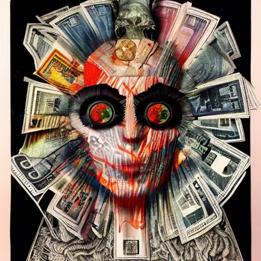 Image similar to post - punk new age album cover, asymmetrical design, frame of a dollar bank notes, capitalism, magic, apocalypse, psychedelic, black white pink, magic, giger h. r., giuseppe arcimboldo