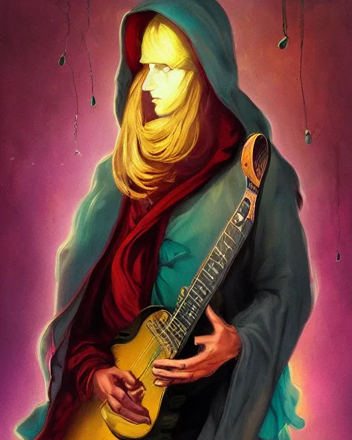 Image similar to colorful baroque portrait of a shadowy man wearing a hooded cloak, playing a guitar, gallery art by peter mohrbacher, artstation, artgate