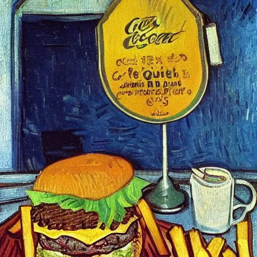 Image similar to cheeseburger menu with fries and coke painting by van gogh