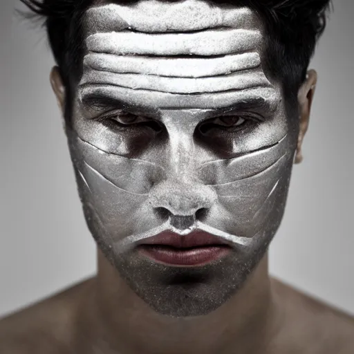 Image similar to a close up portrait of a beautiful athletic young persian male with his face covered in silver leaf , photographed by erwin olaf, artistic