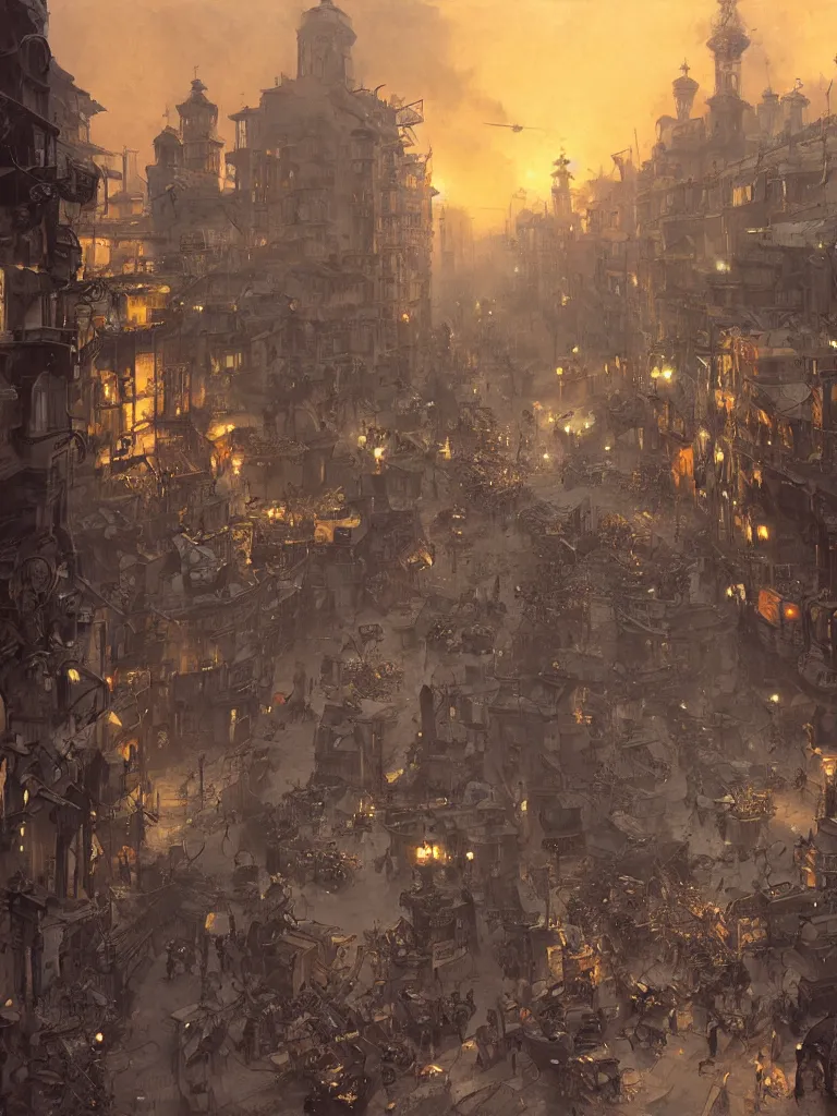 Image similar to a large dieselpunk and steampunk city street at dusk in russia during the 1 9 1 0 revolution, craig mullins