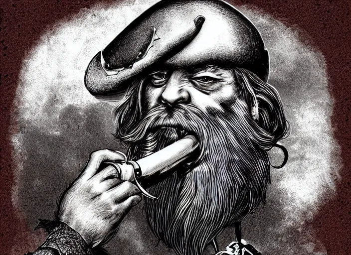 Prompt: a bearded pirate smoking a pipe digital art