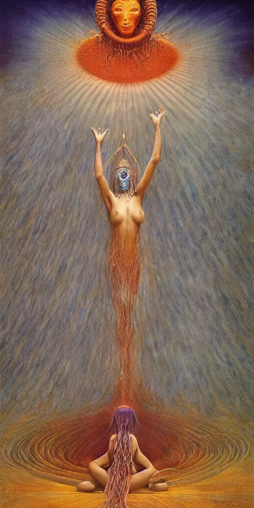 Image similar to mystic cult girl performing third eye ritual, expanding energy into waves into the ethos, epic surrealism oil paint by Ernst Fuchs, Zdzislaw Beksinski, John Howe highly detailed