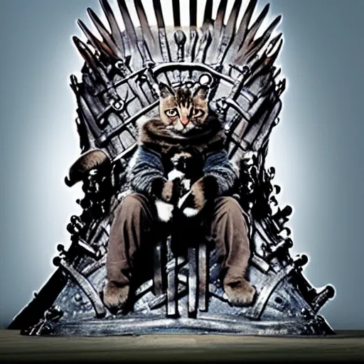 Image similar to a cute cat sitting on the iron throne. high definition