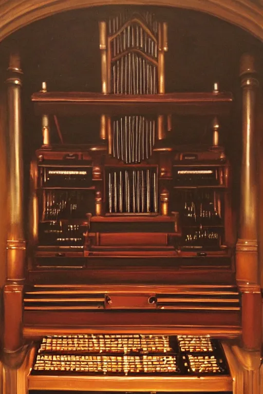 Image similar to pipe organ console with dark smoke, detailed oil painting by grant wood, diesel gothic