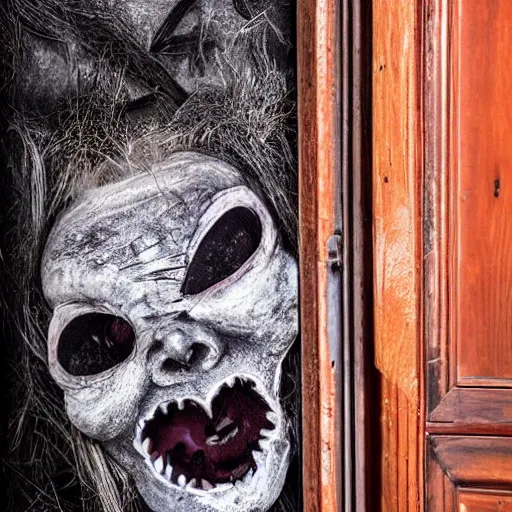 Image similar to photo of nightmare fuel peering round a doorway