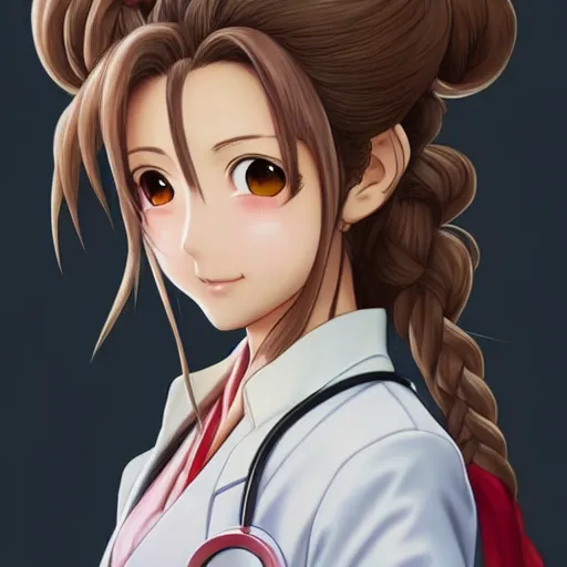 Image similar to portrait of aerith gainsborough as a physician, anime fantasy illustration by tomoyuki yamasaki, kyoto studio, madhouse, ufotable, trending on artstation