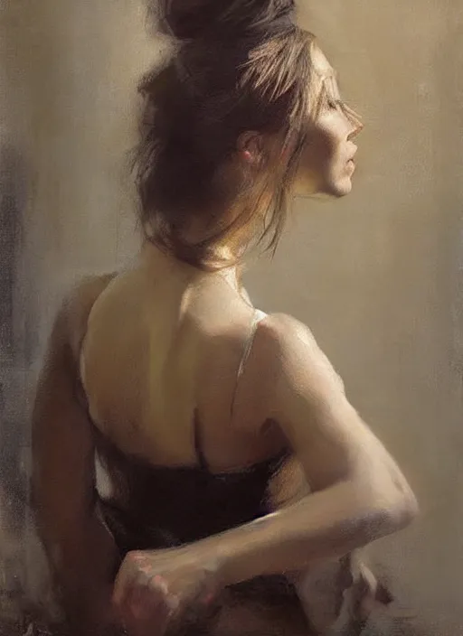 Image similar to beautiful portrait painting of a woman posing in an artistic pose holding her hair bun over a bed, by jeremy mann, only one head single portrait